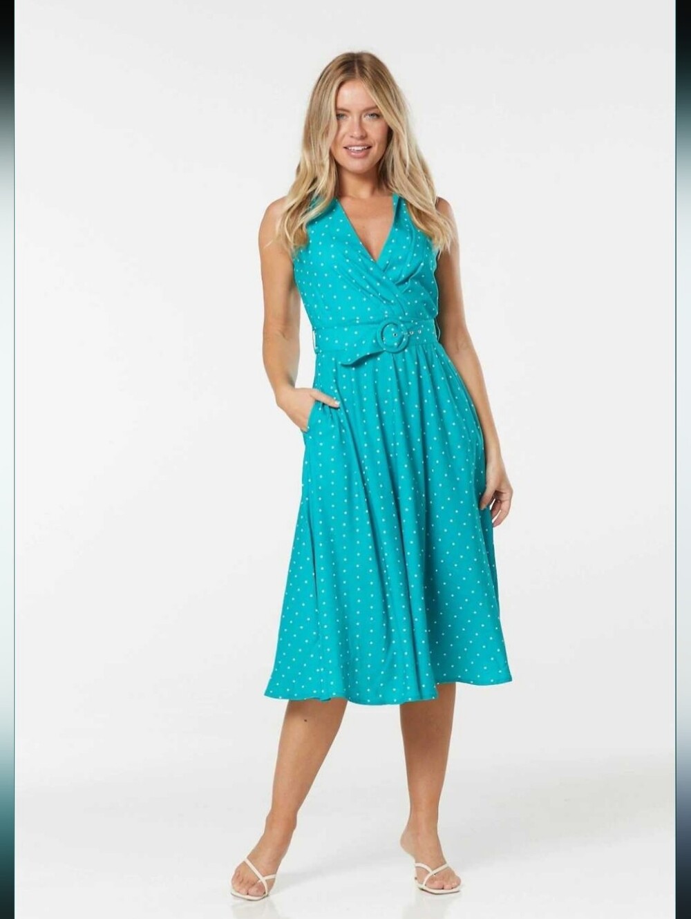 Timeless London Sleeveless Teal Polka Dot Wrap Dress